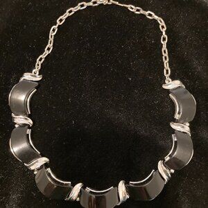 Vintage Art Deco Enamel Black And Silver Tone 16" Bib Necklace